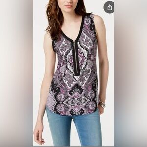 INC Purple Paisley Sleeveless Zipper Front Blouse